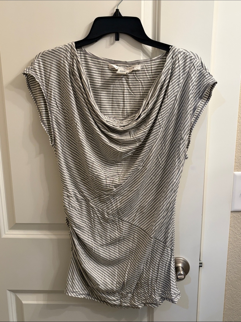 Women's Max Studio Gray Striped Draped Neck Top